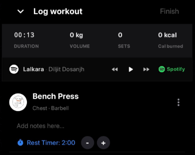 FitgenZ Log Workout Screen with Spotify Controls